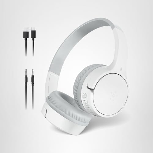 Belkin SoundForm Mini - Wireless Bluetooth Kids Headphones, 30H Battery, 85dB Safe Volume Limit, Built-in Microphone - Toddler On-Ear Earphones for iPhone, iPad, Fire Tablet, Ideal for School - White