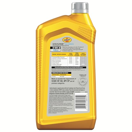 Pennzoil Ultra Platinum Full Synthetic 0W-20 Motor Oil, 1 Quart (6 Pack)