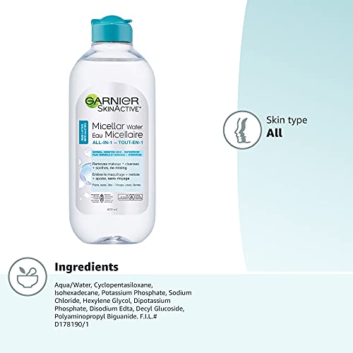 Garnier Micellar Water For Waterproof Makeup, Hydrating Facial Cleanser & Makeup Remover, Suitable for Sensitive Skin, Vegan, Cruelty Free, 13.5 Fl Oz (400mL), 1 Count