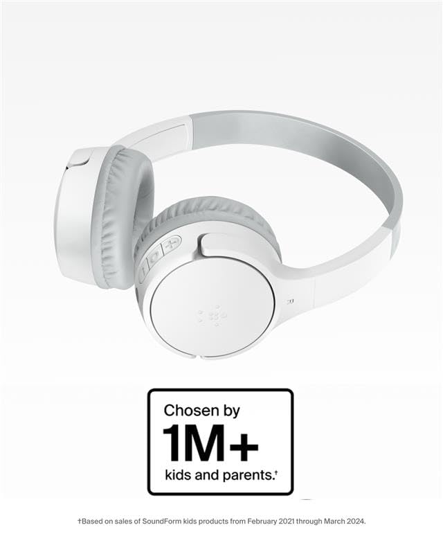 Belkin SoundForm Mini - Wireless Bluetooth Kids Headphones, 30H Battery, 85dB Safe Volume Limit, Built-in Microphone - Toddler On-Ear Earphones for iPhone, iPad, Fire Tablet, Ideal for School - White