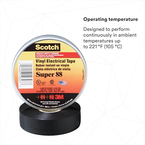 3M Scotch Vinyl Electrical Tape Super 88, 1-1/2 in x 36 yd (108 ft), Black, 1 Long Roll, Premium Grade, Rubber Resin Adhesive, PVC Backing, All-Season Heavy Duty Electric Tape