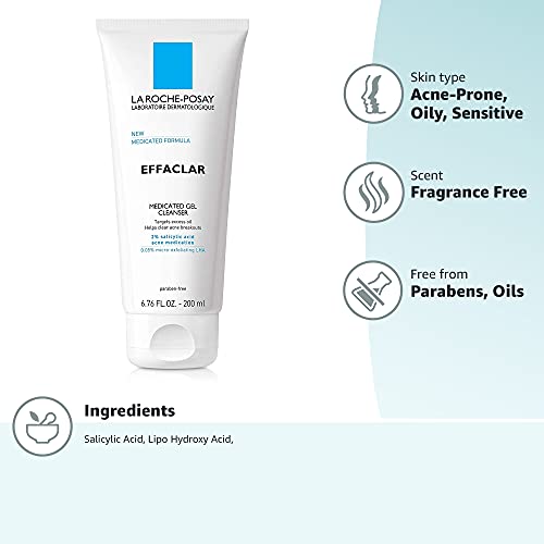 La Roche-Posay Effaclar Medicated Gel Cleanser, 2% Salicylic Acid Cleanser + LHA + Glycerin, Dermatologist Tested Foaming Acne Face Wash, Clear & Prevent Acne Breakouts, Oil Free, Targets Excess Oil