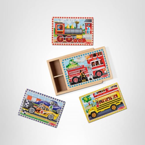 Melissa & Doug 4‑in‑1 Wooden Construction Vehicles Jigsaw Puzzle Set, 48 Pieces with Storage Box, Toddler Puzzle Toy for Kids Ages 3+ - FSC Certified