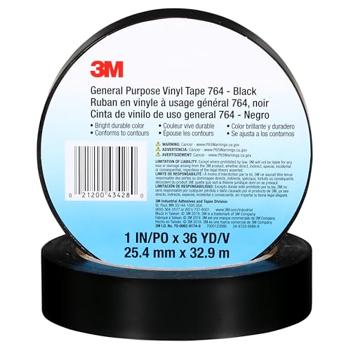 3M Vinyl Tape 764, General Purpose, 2 in x 36 yd, Black, 1 Roll, Light Traffic Floor Marking Tape, Social Distancing, Color Coding, Safety, Bundling