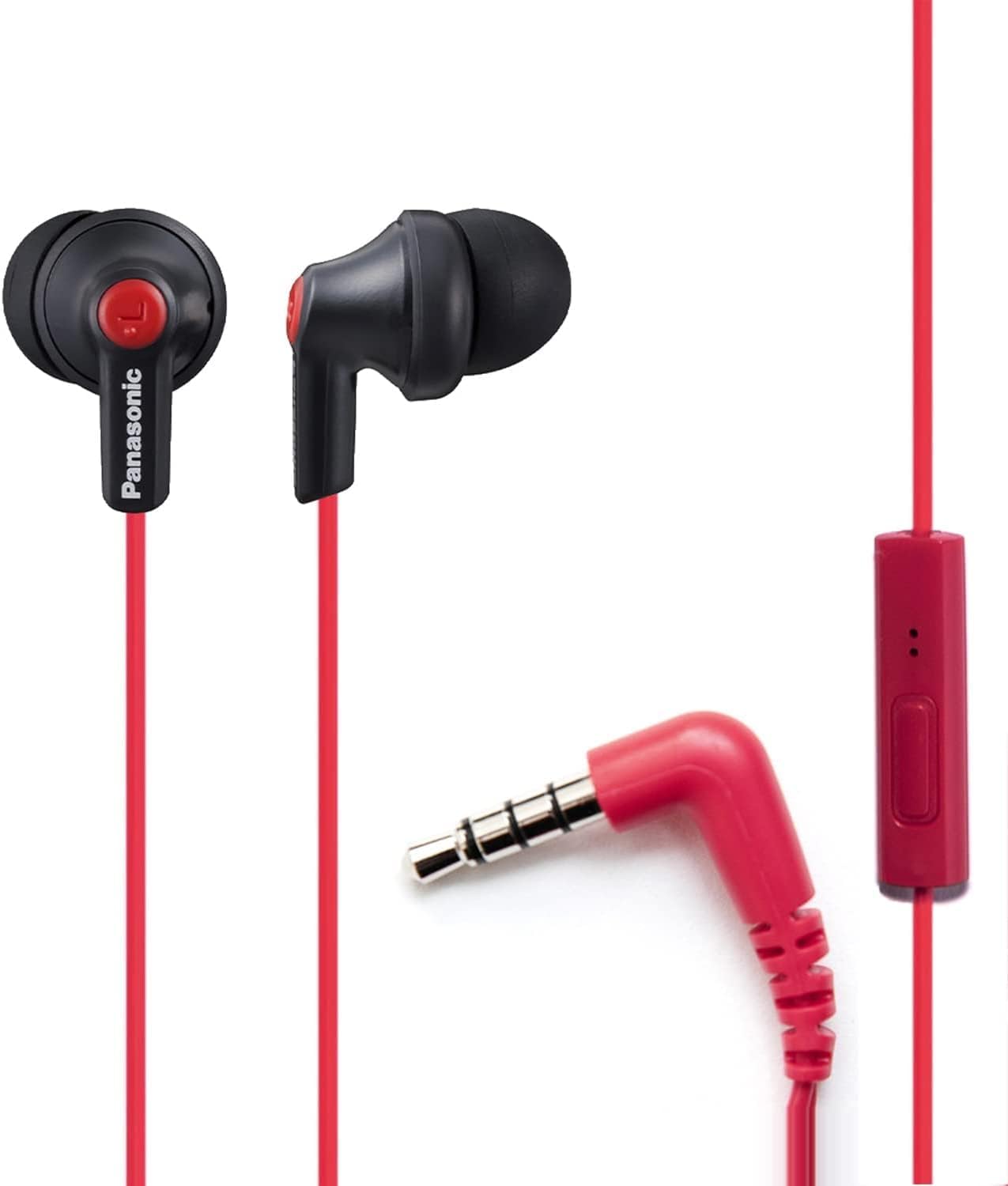 Panasonic ErgoFit Wired Earbuds with Microphone, 3.5mm Jack Headphones with Mic and Call Controller, Ergonomic Custom-Fit Earpieces (S/M/L), for Phones and Laptops - RP-TCM125-R (Red)
