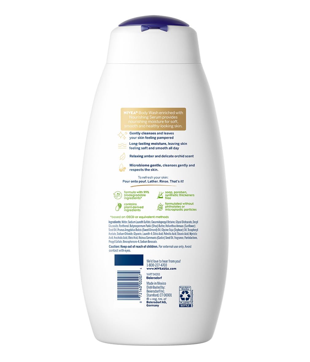 NIVEA Pampering Cocoa and Shea Butter Body Wash with Nourishing Serum, Moisturizing Body Wash for Women, Enriched with Provitamin B5 and Vitamin E, 20 Fl Oz Bottle