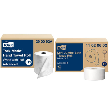 Tork Matic Hand Towel Roll, White With Gray Leaf, Advanced, H1, 100% Recycled Fiber, High Absorbency, Medium Capacity, 2-Ply, 6 Rolls x 525 ft - 290092A