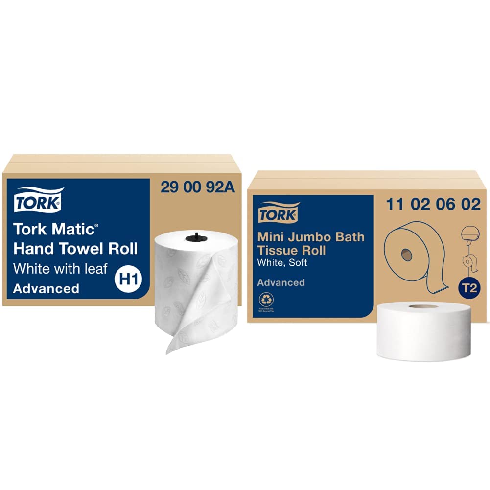 Tork Matic Hand Towel Roll, White With Gray Leaf, Advanced, H1, 100% Recycled Fiber, High Absorbency, Medium Capacity, 2-Ply, 6 Rolls x 525 ft - 290092A