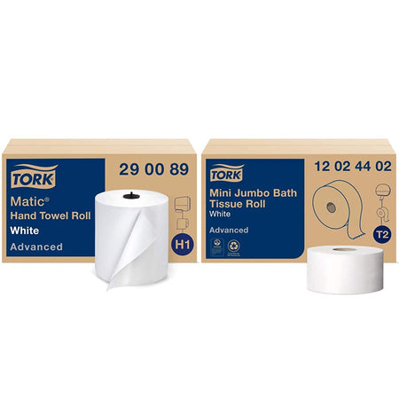 Tork Matic Paper Hand Towel Roll White H1 (6 Rolls) and Tork Mini Jumbo Toilet Paper Roll White T2 (12 Rolls)