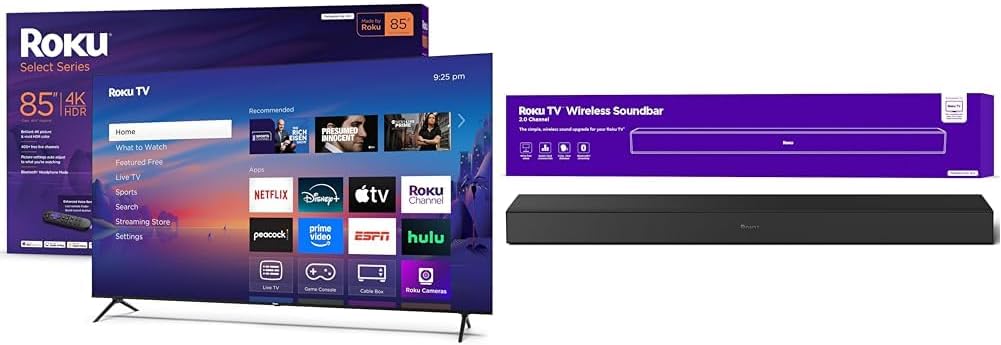 Roku Smart TV 2025 – 75-Inch Select Series, 4K HDR TV – RokuTV with Enhanced Voice Remote – Flat Screen LED Television with Wi-Fi TV Wireless Soundbar, Soundbar Exclusively for RokuTV