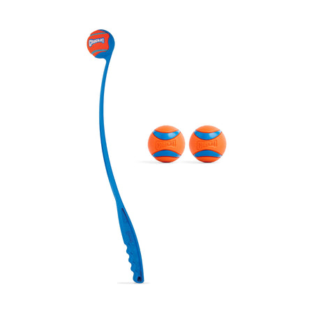 Chuckit! Ultra Ball & Launcher Bundle - Classic 26" with 2 Pack Medium (2.5") Bouncy Fetch Balls for Dogs 20-60 lbs, Dog Fetch Ball Thrower