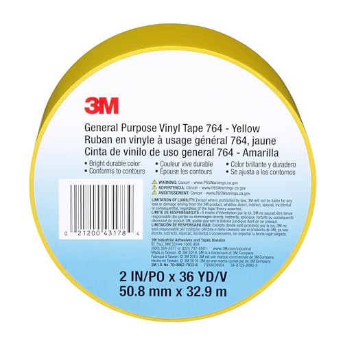 3M Vinyl Tape 764, General Purpose, 2 in x 36 yd, Black, 1 Roll, Light Traffic Floor Marking Tape, Social Distancing, Color Coding, Safety, Bundling