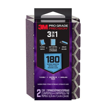 3M Pro Grade Precision 3-in-1 Sanding Sponge, 80 Grit Coarse, for Woodworking, Drywall Prep, and Refinishing, 2.5 in x 4.5 in x 1 in