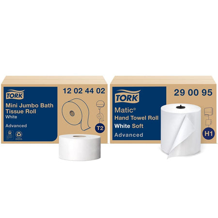 Tork Mini Jumbo Toilet Paper Roll White T2, Advanced (2-Ply) and Tork Matic Soft Hand Towel Roll, White, Advanced (1-Ply)