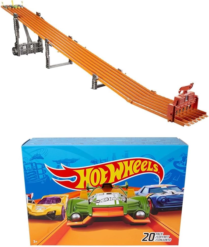 Bundle of Hot Wheels Toy Car Track Set Super 6-Lane Raceway, 8ft Track, 6 1:64 Scale Cars + Hot Wheels Easter Egg Fillers Set of 20 1:64 Scale Toy Cars & Trucks, Collectible Vehicles (Styles May Vary)
