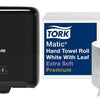 Tork Matic Hand Towel Roll Dispenser 5510282 - H1, Black + Tork Matic Extra Soft Paper Hand Towel Roll White with Blue Leaf H1, Premium, High Absorbency, 6 Rolls x 300 ft, 290094