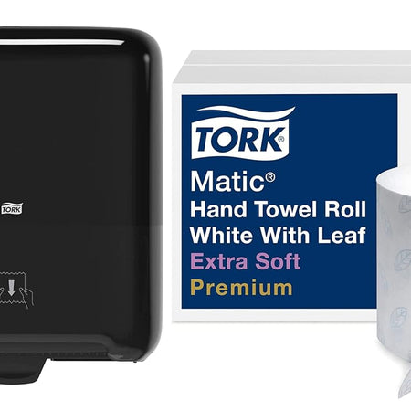 Tork Matic Hand Towel Roll Dispenser 5510282 - H1, Black + Tork Matic Extra Soft Paper Hand Towel Roll White with Blue Leaf H1, Premium, High Absorbency, 6 Rolls x 300 ft, 290094