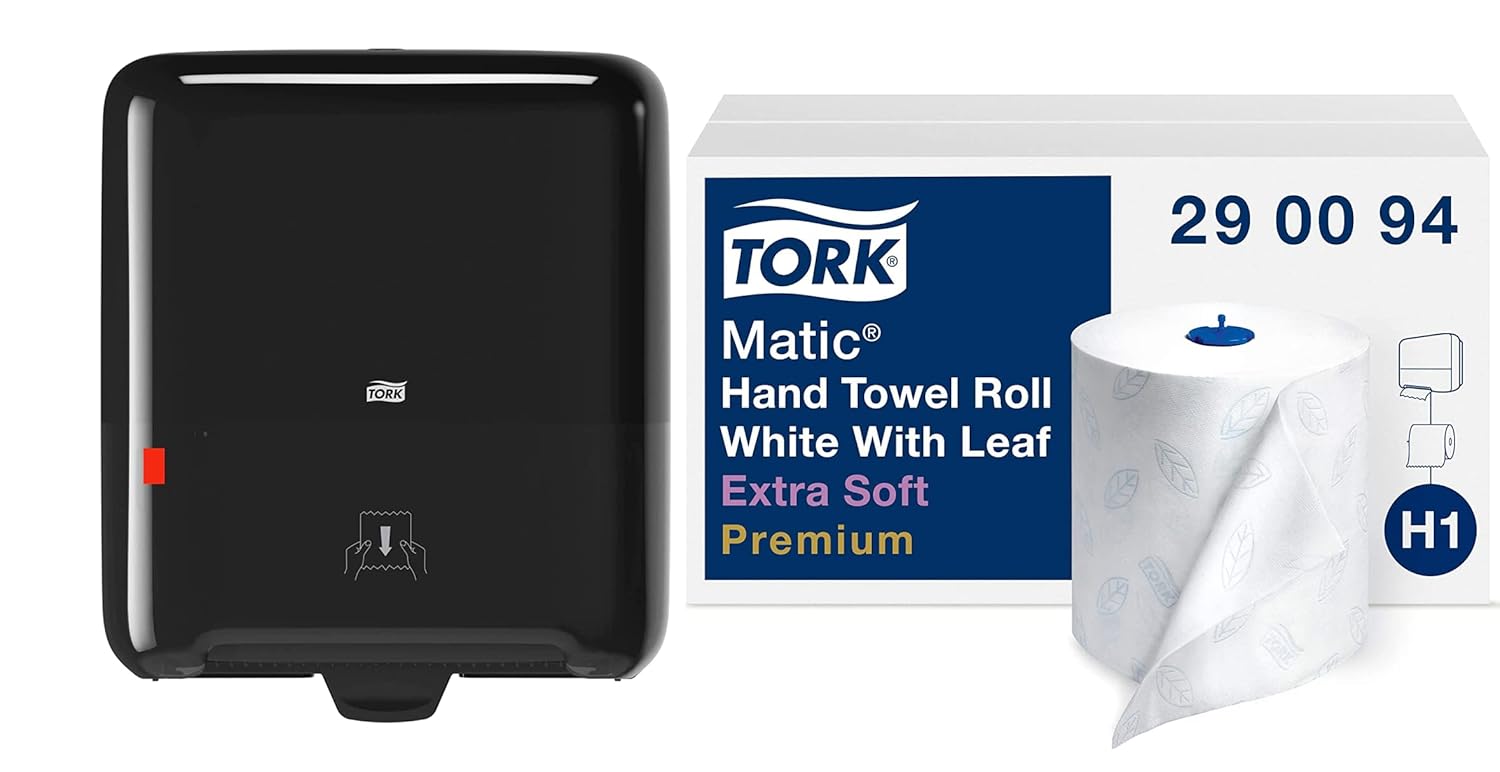 Tork Matic Hand Towel Roll Dispenser 5510282 - H1, Black + Tork Matic Extra Soft Paper Hand Towel Roll White with Blue Leaf H1, Premium, High Absorbency, 6 Rolls x 300 ft, 290094