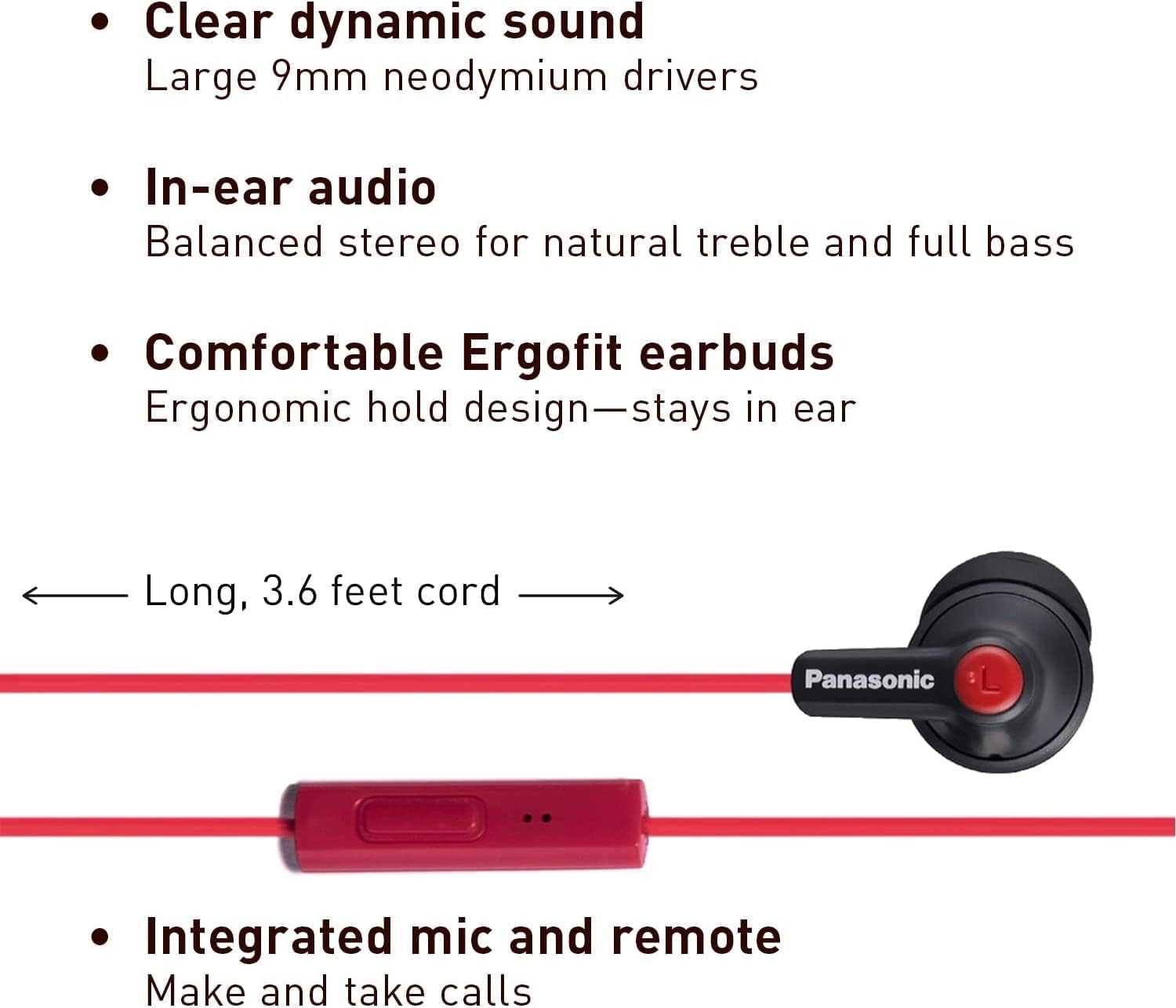 Panasonic ErgoFit Wired Earbuds with Microphone, 3.5mm Jack Headphones with Mic and Call Controller, Ergonomic Custom-Fit Earpieces (S/M/L), for Phones and Laptops - RP-TCM125-R (Red)