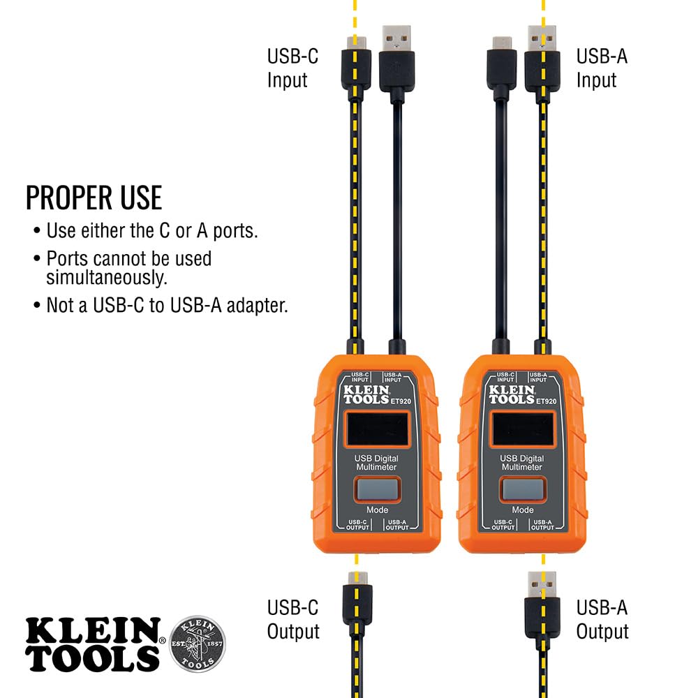 Klein Tools ET920 USB Power Meter, USB-A and USB-C Digital Meter for Voltage, Current, Capacity, Energy and Resistance