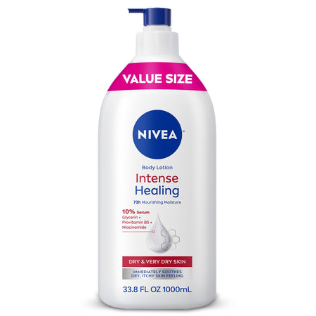 NIVEA Intense Healing Body Lotion for Very Dry, Itchy Skin with Glycerin, Provitamin B5 and Niacinamide, 72-Hour Body Moisturizer, 33.8 Fl Oz Value Size Pump Bottle