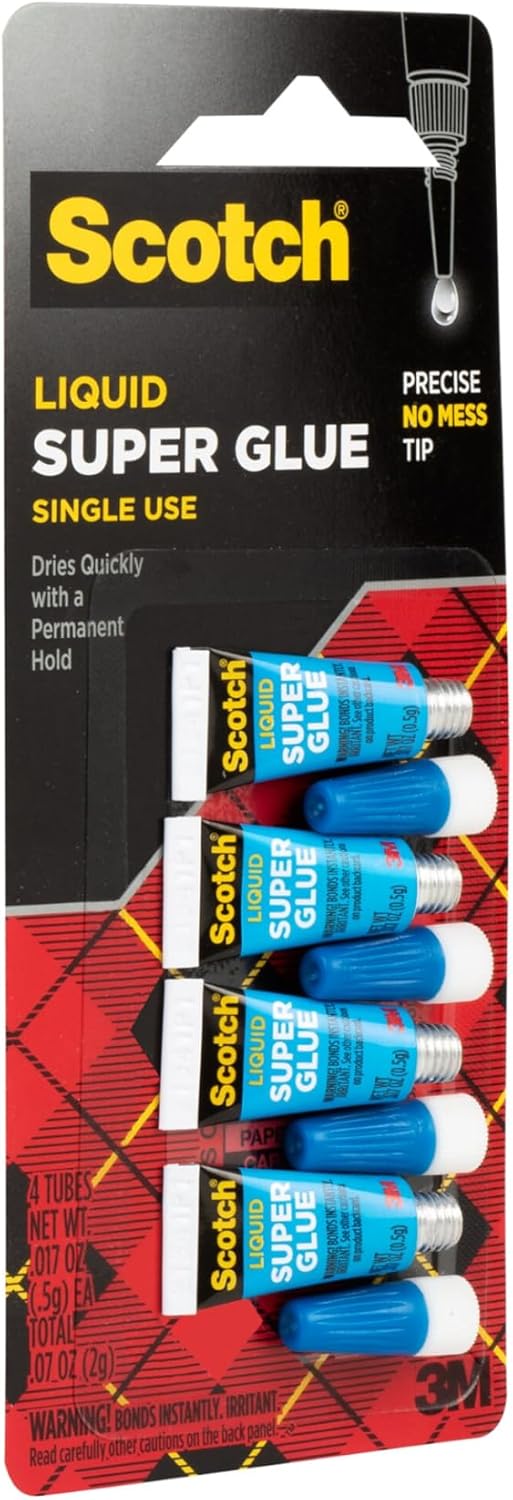 Scotch Super Glue Liquid, 4-Pack of Single-Use Tubes, .017 oz Each, Fast Drying Liquid Formula (AD114)