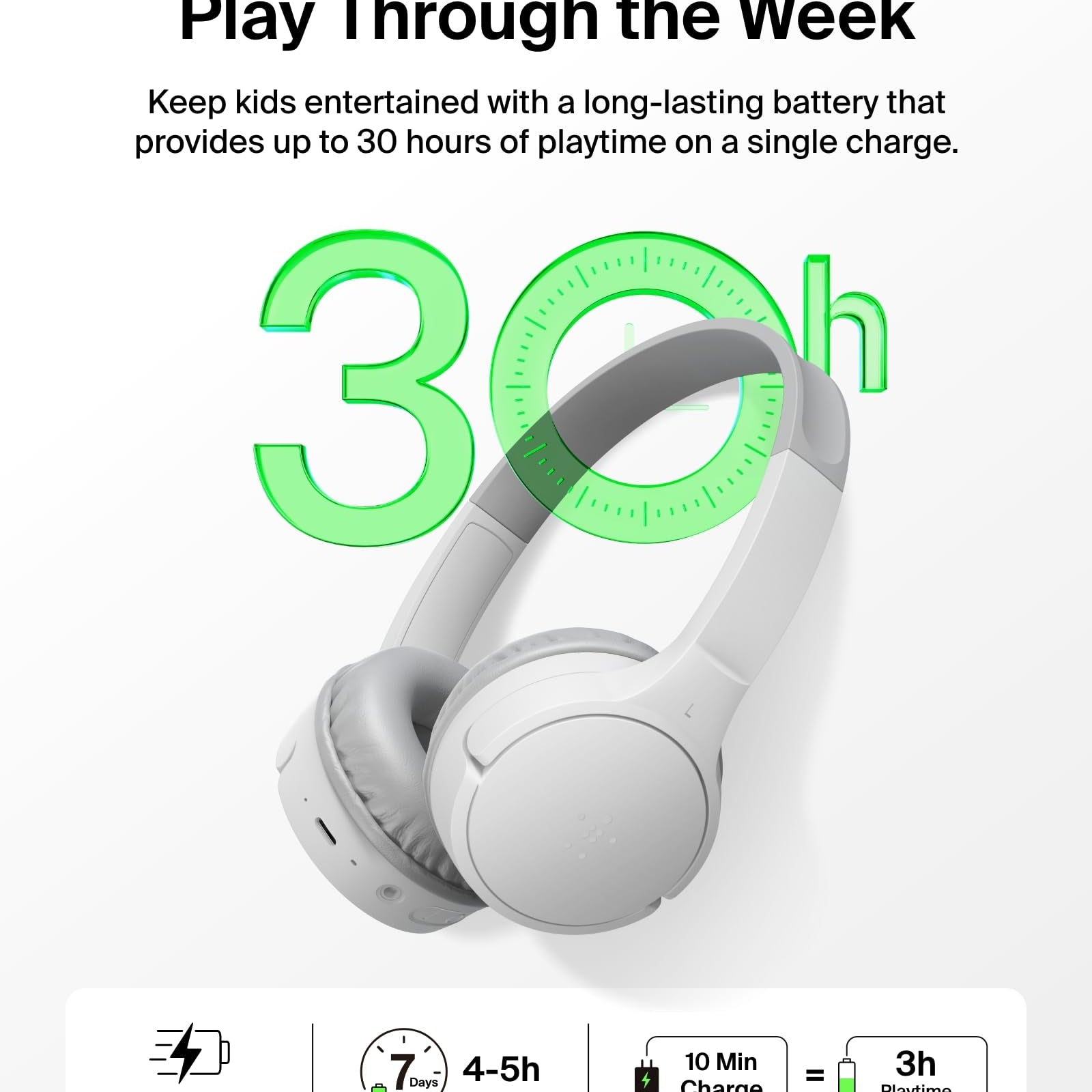 Belkin SoundForm Mini - Wireless Bluetooth Kids Headphones, 30H Battery, 85dB Safe Volume Limit, Built-in Microphone - Toddler On-Ear Earphones for iPhone, iPad, Fire Tablet, Ideal for School - White