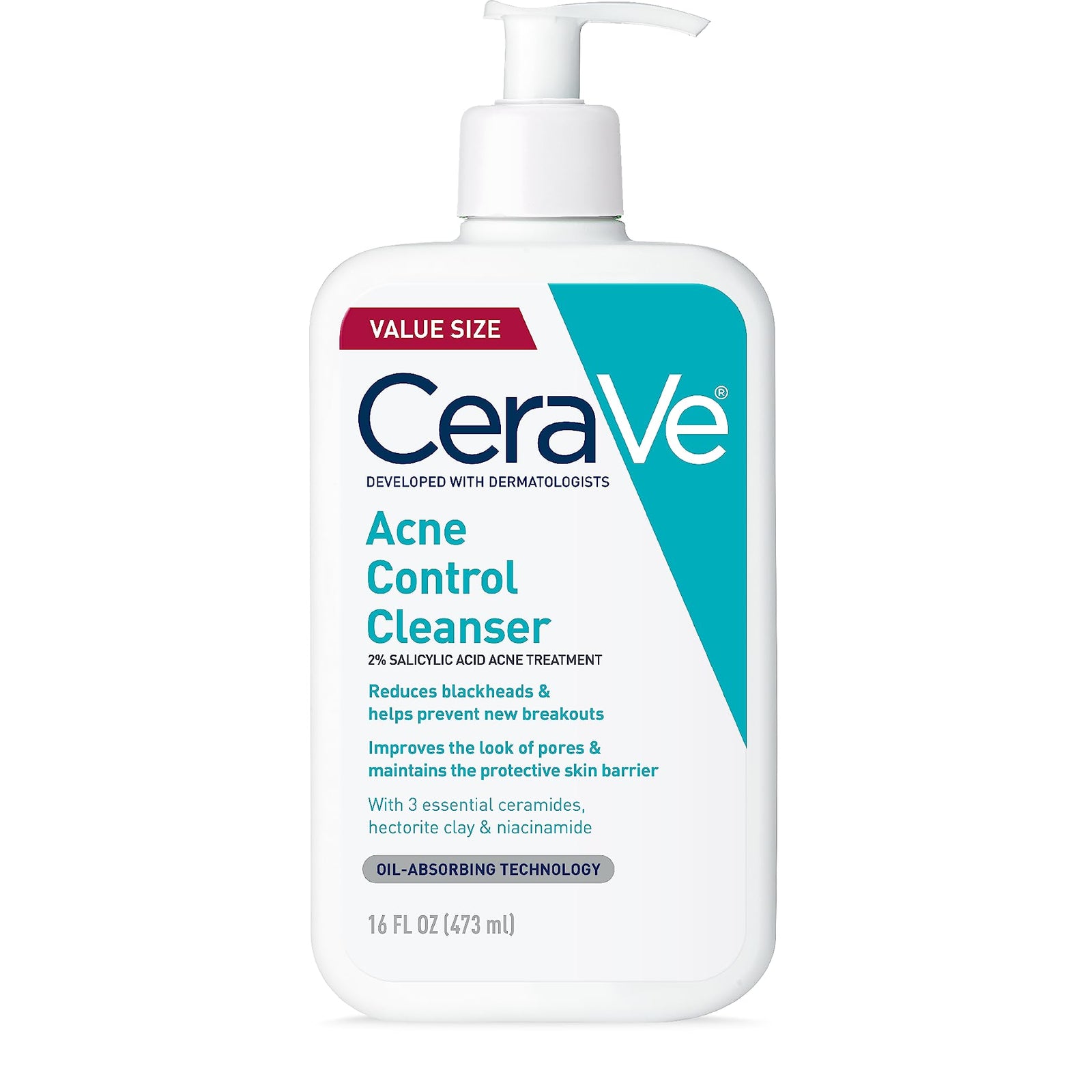 CeraVe Acne Control Cleanser, 2% Salicylic Acid Treatment Formulated With Niacinamide + Ceramides + Oil Absorbing Clay, Gentle Face Wash Helps Clear & Prevent Acne, Fragrance Free, 16 Ounce