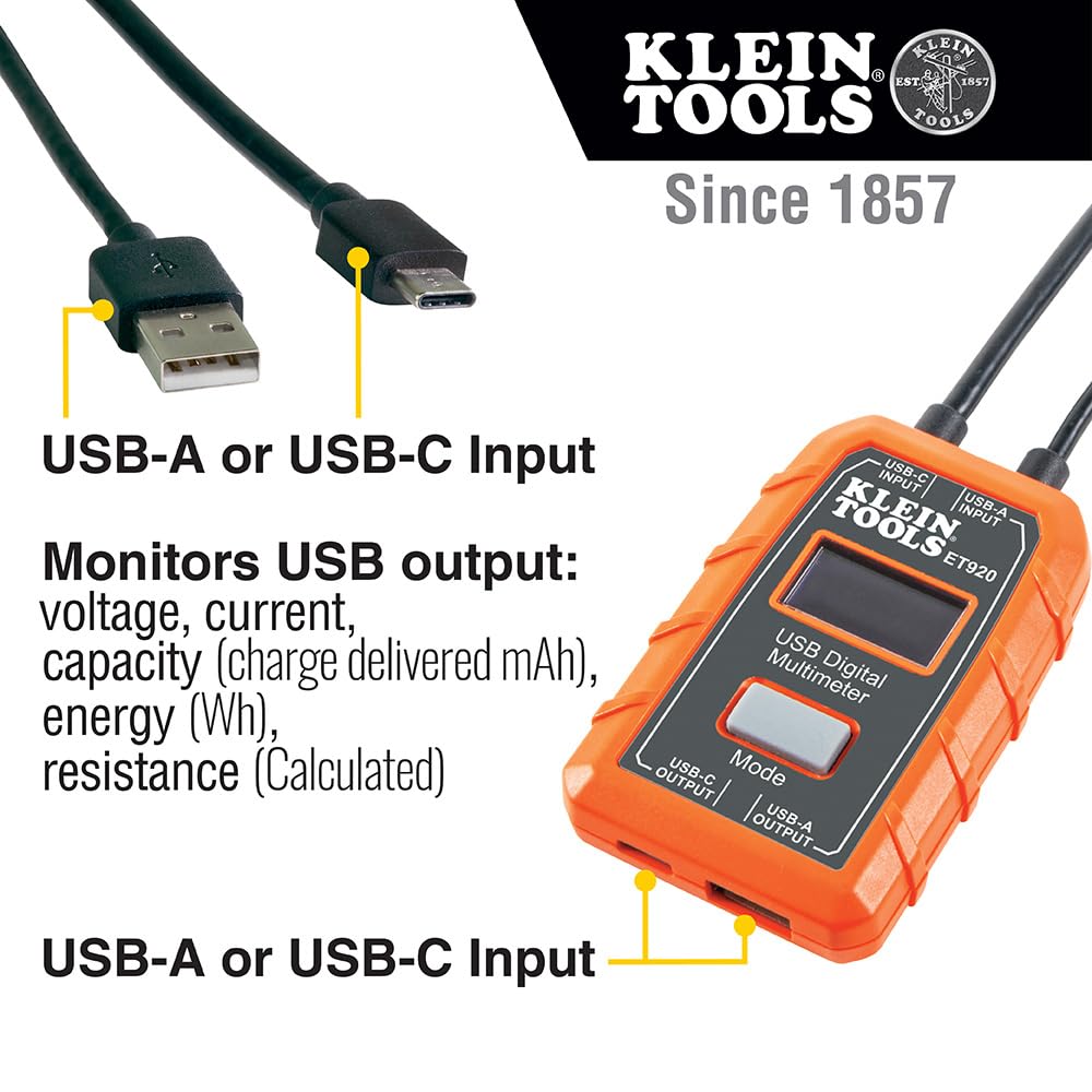 Klein Tools ET920 USB Power Meter, USB-A and USB-C Digital Meter for Voltage, Current, Capacity, Energy and Resistance