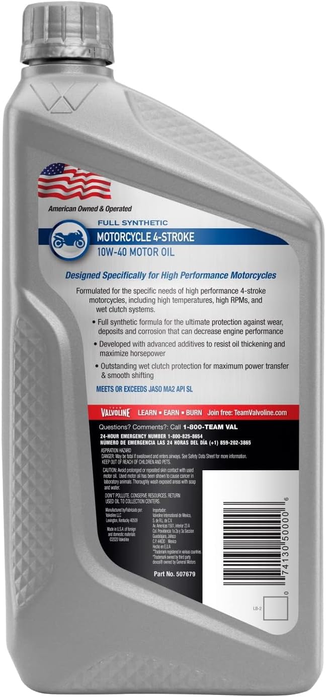 Valvoline 4-Stroke Motorcycle Full Synthetic SAE 10W-40 Motor Oil 1 QT (Pack of 3)