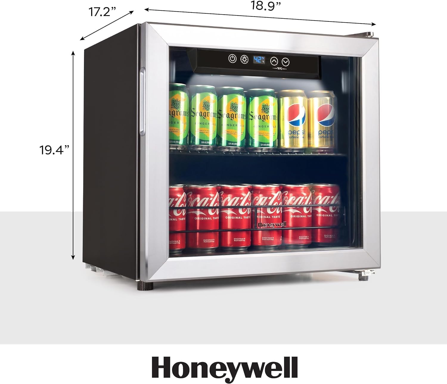 Honeywell Beverage Refrigerator and Cooler, 48 Can Mini Fridge with Glass Door for Soda Beer or Wine for Office or Bar with Adjustable Removable Shelving