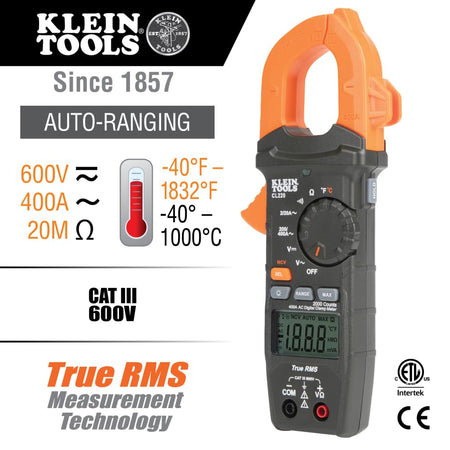 Klein Tools CL220 Digital Clamp Meter, Auto-Ranging 400 Amp AC, AC/DC Voltage, TRMS, Resistance, Continuity, NCVT Detection, and Temp