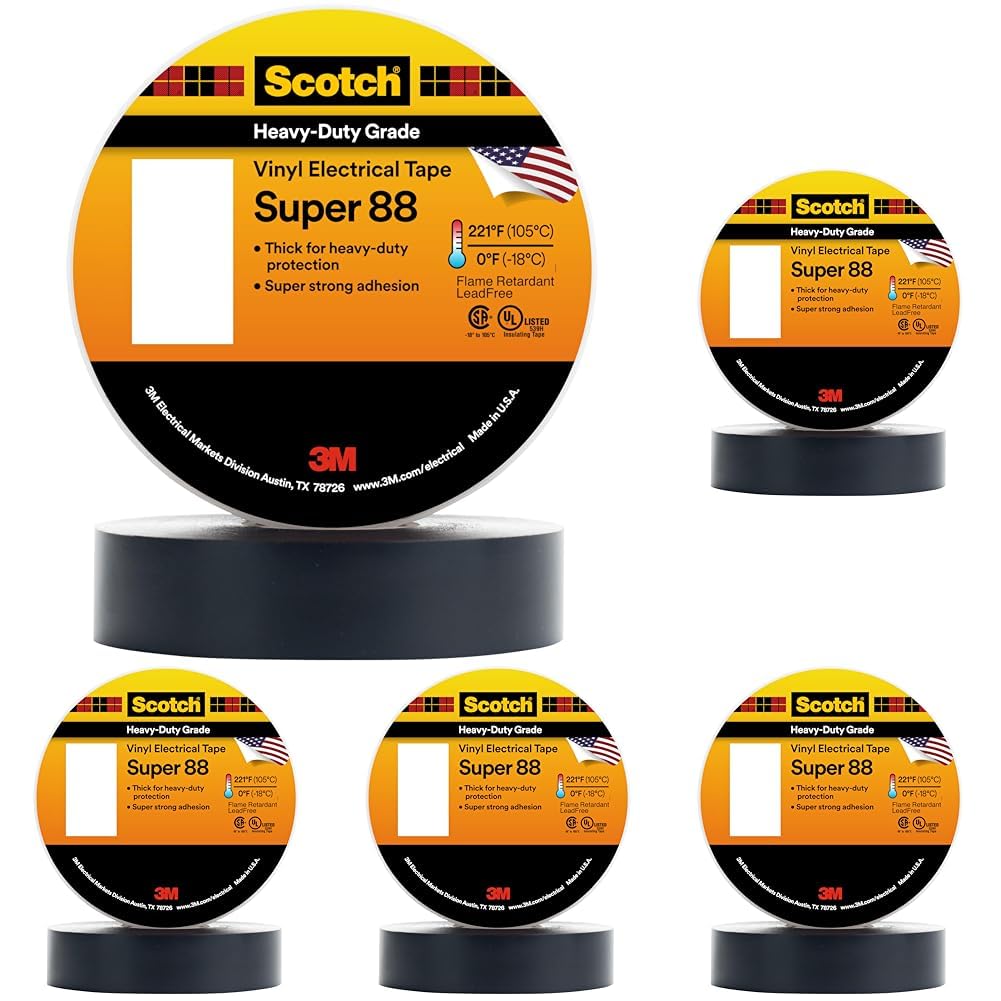 3M Scotch Vinyl Electrical Tape Super 88, 1-1/2 in x 36 yd (108 ft), Black, 1 Long Roll, Premium Grade, Rubber Resin Adhesive, PVC Backing, All-Season Heavy Duty Electric Tape