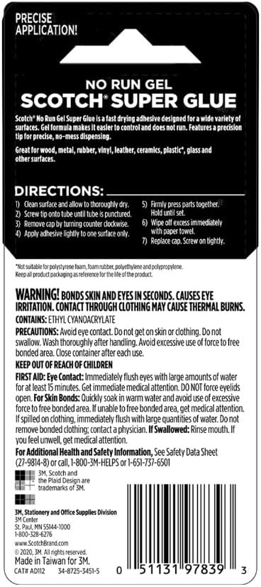 Scotch Super Glue Gel, .07 oz, 2-Pack, Dries Quickly with a Permanent Hold (AD112)