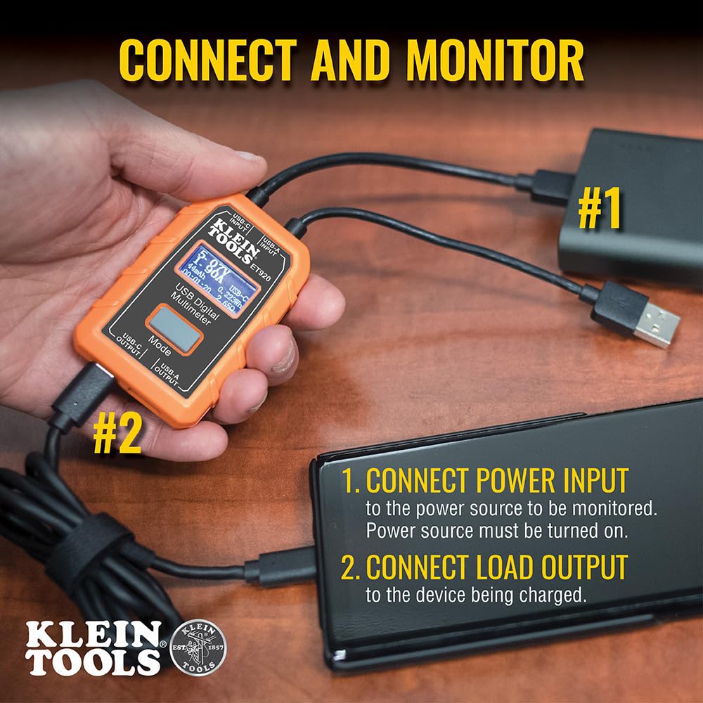 Klein Tools ET920 USB Power Meter, USB-A and USB-C Digital Meter for Voltage, Current, Capacity, Energy and Resistance