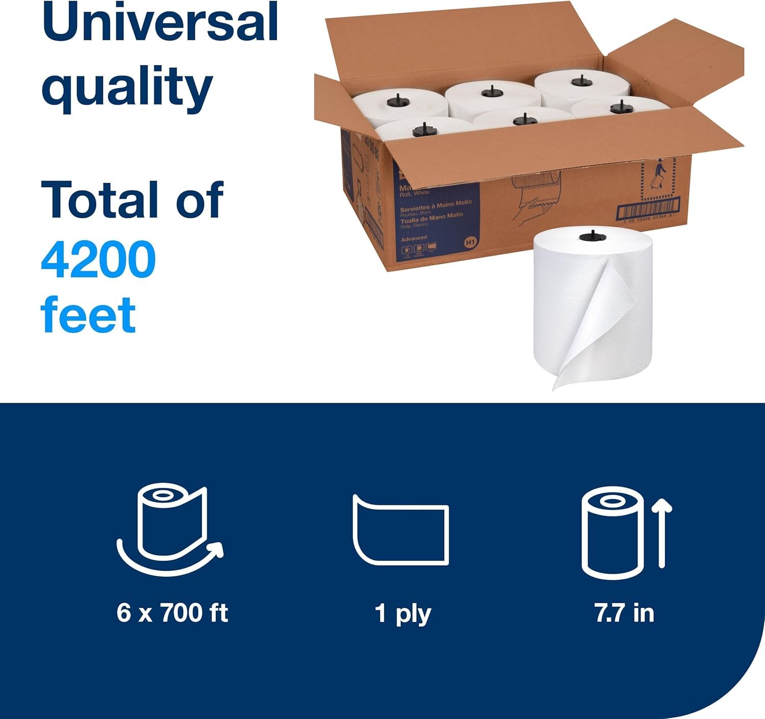 Tork Matic Paper Hand Towel Roll White H1, Universal, 100% Recycled Fiber, 6 Rolls x 700 ft, 290089