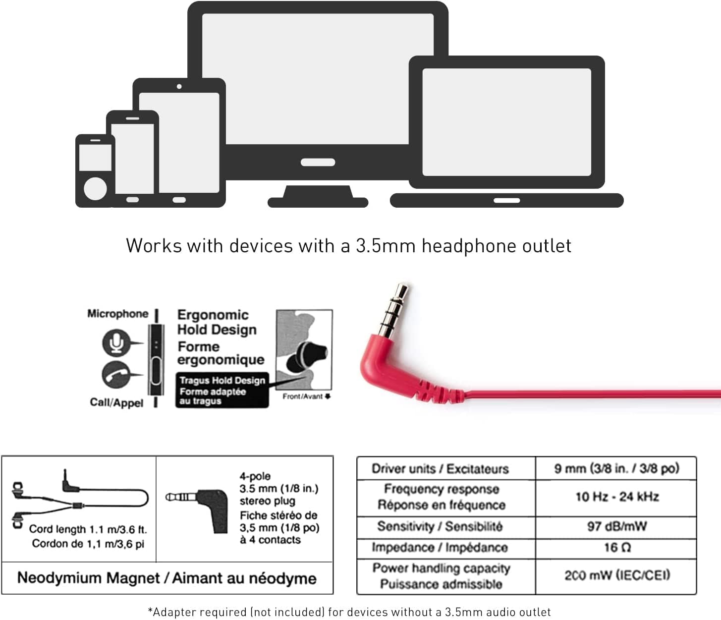 Panasonic ErgoFit Wired Earbuds with Microphone, 3.5mm Jack Headphones with Mic and Call Controller, Ergonomic Custom-Fit Earpieces (S/M/L), for Phones and Laptops - RP-TCM125-R (Red)