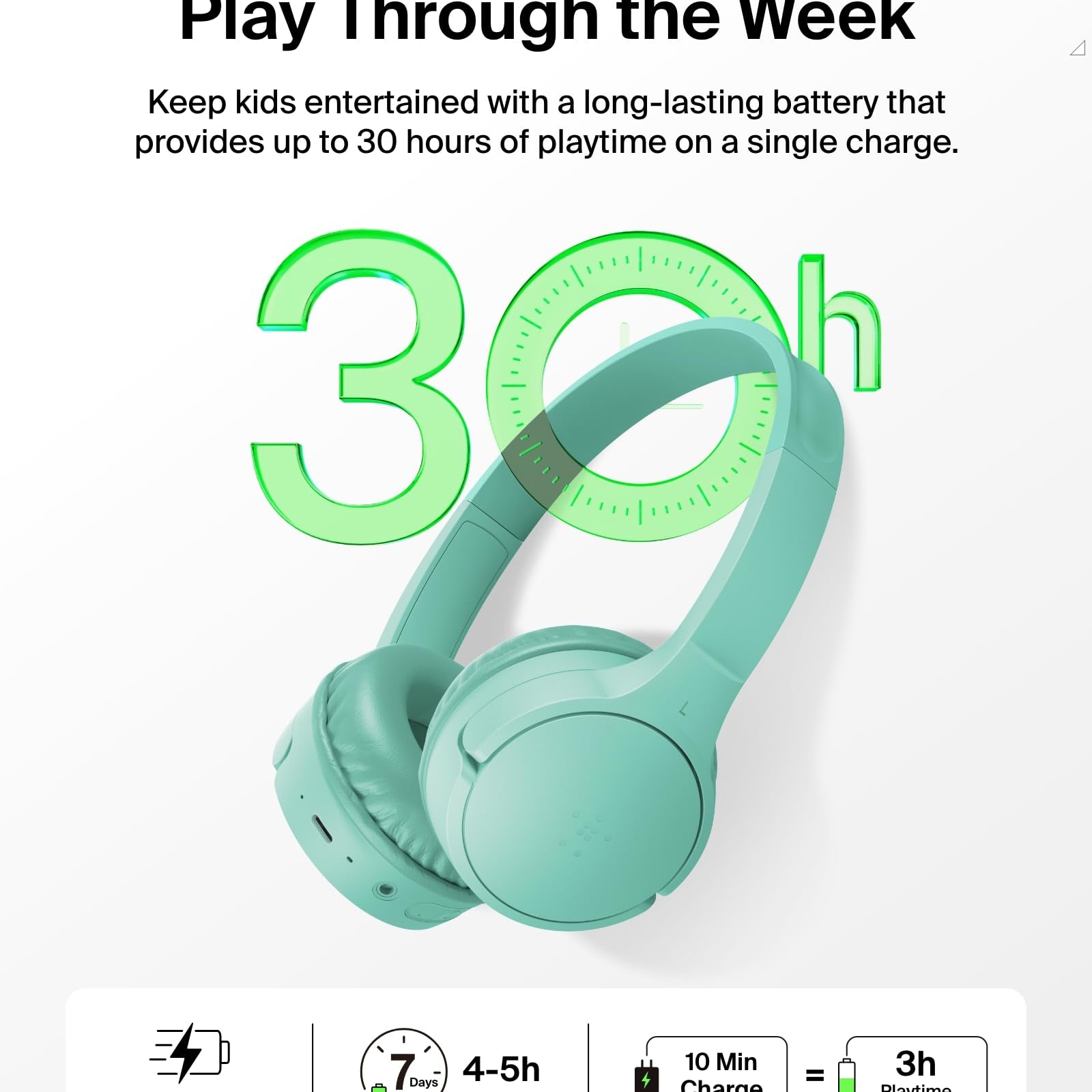 Belkin SoundForm Mini - Wireless Bluetooth Kids Headphones, 30H Battery, 85dB Safe Volume Limit, Built-in Microphone - Toddler On-Ear Earphones for iPhone, iPad, Fire Tablet, Ideal for School - White