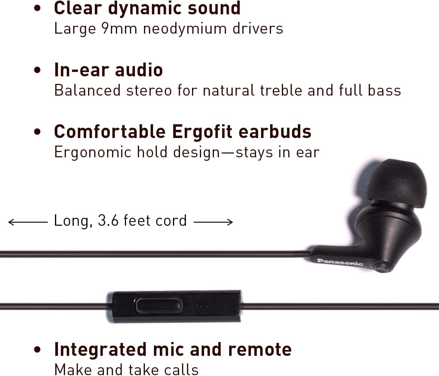 Panasonic ErgoFit Wired Earbuds, 3.5mm Jack in-Ear Headphones with Dynamic Crystal-Clear Sound and Soft Ergonomic Custom-Fit Earpieces (S/M/L), for Phones and Laptops - RP-HJE120-AA (Metallic Blue)