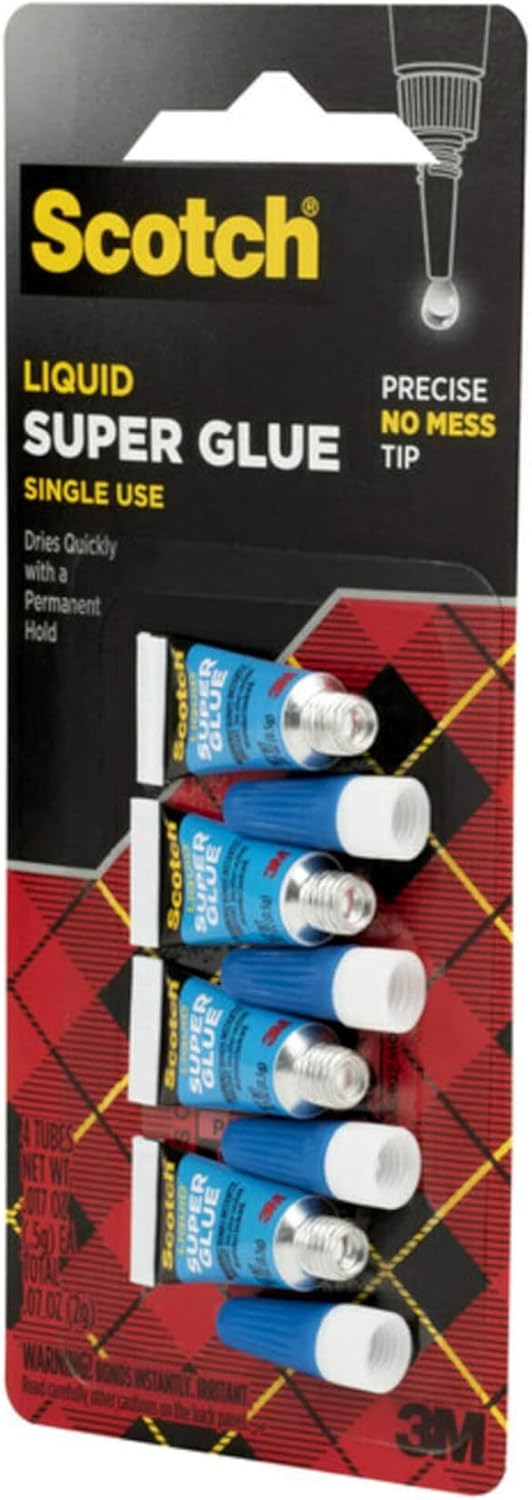 Scotch Super Glue Liquid, 4-Pack of Single-Use Tubes, .017 oz Each, Fast Drying Liquid Formula (AD114)