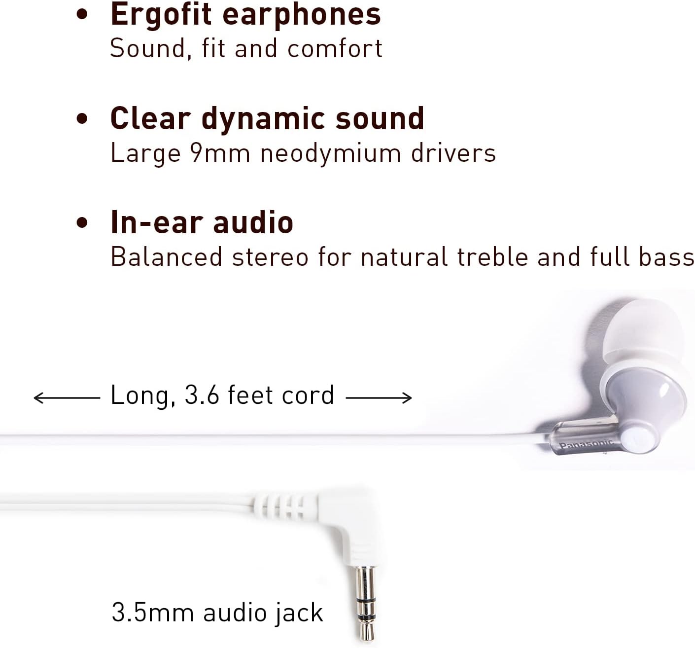 Panasonic ErgoFit Wired Earbuds, 3.5mm Jack In-Ear Headphones Wired with Dynamic Crystal-Clear Sound and Soft Ergonomic Custom-Fit Earpieces (S/M/L), for Phones and Laptops - RP-HJE120-N (Rose Gold)