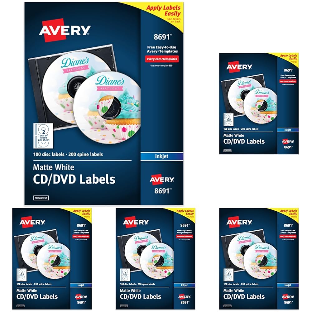 Avery Printable CD Labels, Matte White, Permanent Adhesive, Inkjet Printer Compatible, 100 Disc & 200 Spine Labels, Ideal for CDs, DVDs, PC Discs, Media Projects & More (8691)