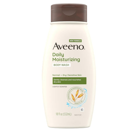 Aveeno Daily Moisturizing Body Wash for Dry & Sensitive Skin + Prebiotic Oat, Oat Body Wash & Gently Cleanses, Nourishes & Feels Hydrating on Dry Skin, Gentle & Light Fragrance, 18 fl oz