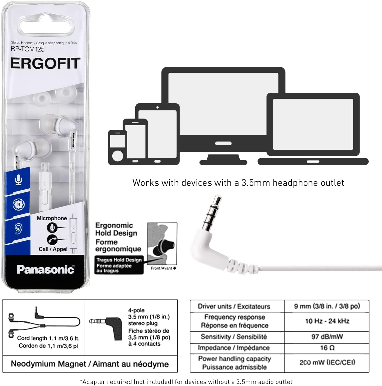 Panasonic ErgoFit Wired Earbuds, 3.5mm Jack In-Ear Headphones Wired with Dynamic Crystal-Clear Sound and Soft Ergonomic Custom-Fit Earpieces (S/M/L), for Phones and Laptops - RP-HJE120-N (Rose Gold)