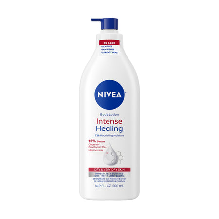 NIVEA Intense Healing Body Lotion for Very Dry, Itchy Skin with Glycerin, Provitamin B5 and Niacinamide, 72-Hour Body Moisturizer, 33.8 Fl Oz Value Size Pump Bottle