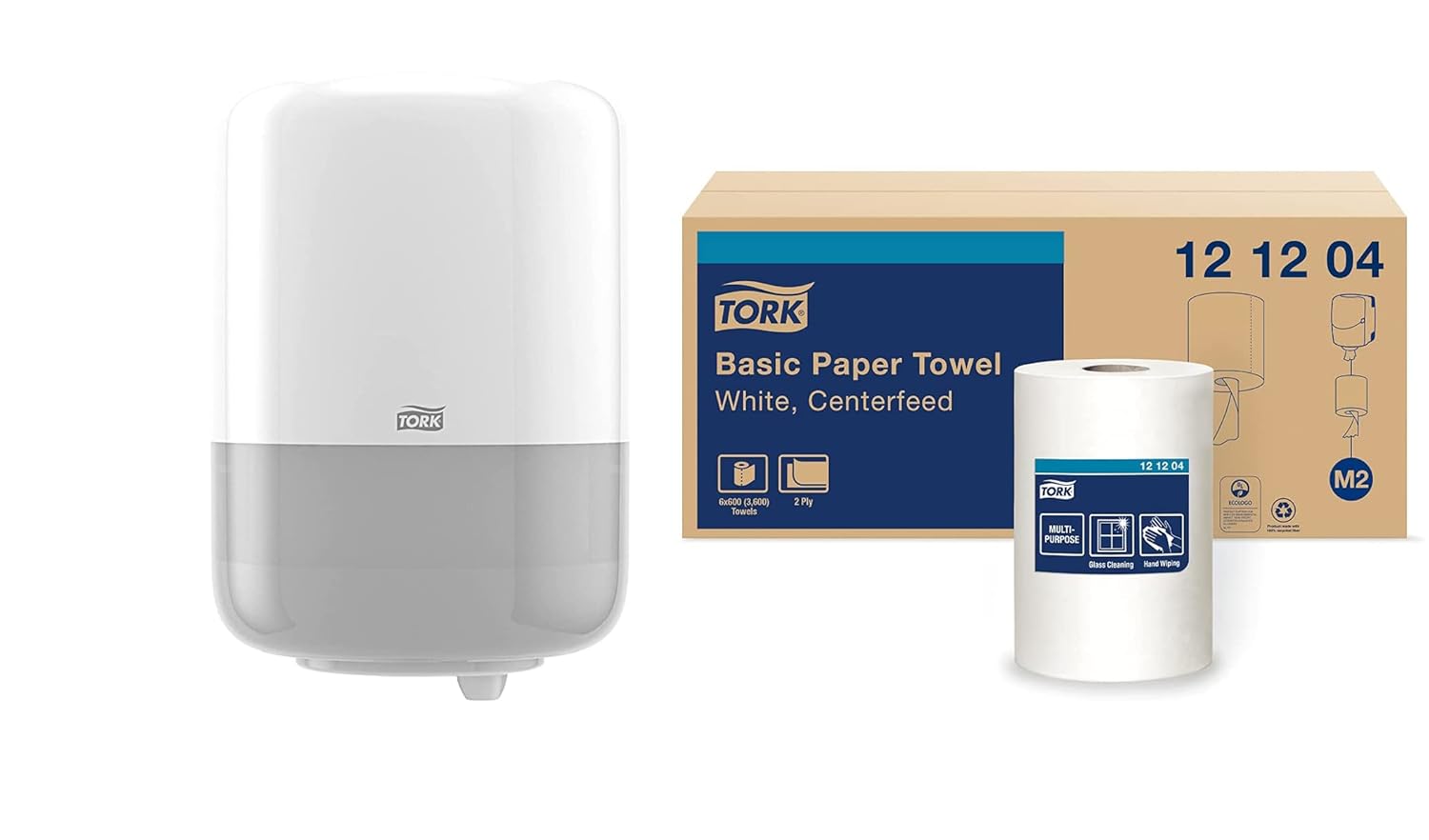 Tork Centerfeed Wall Mounted Dispenser White - M2 + Refill - Centerfeed Hand Towel White, 6 x 600 Sheets
