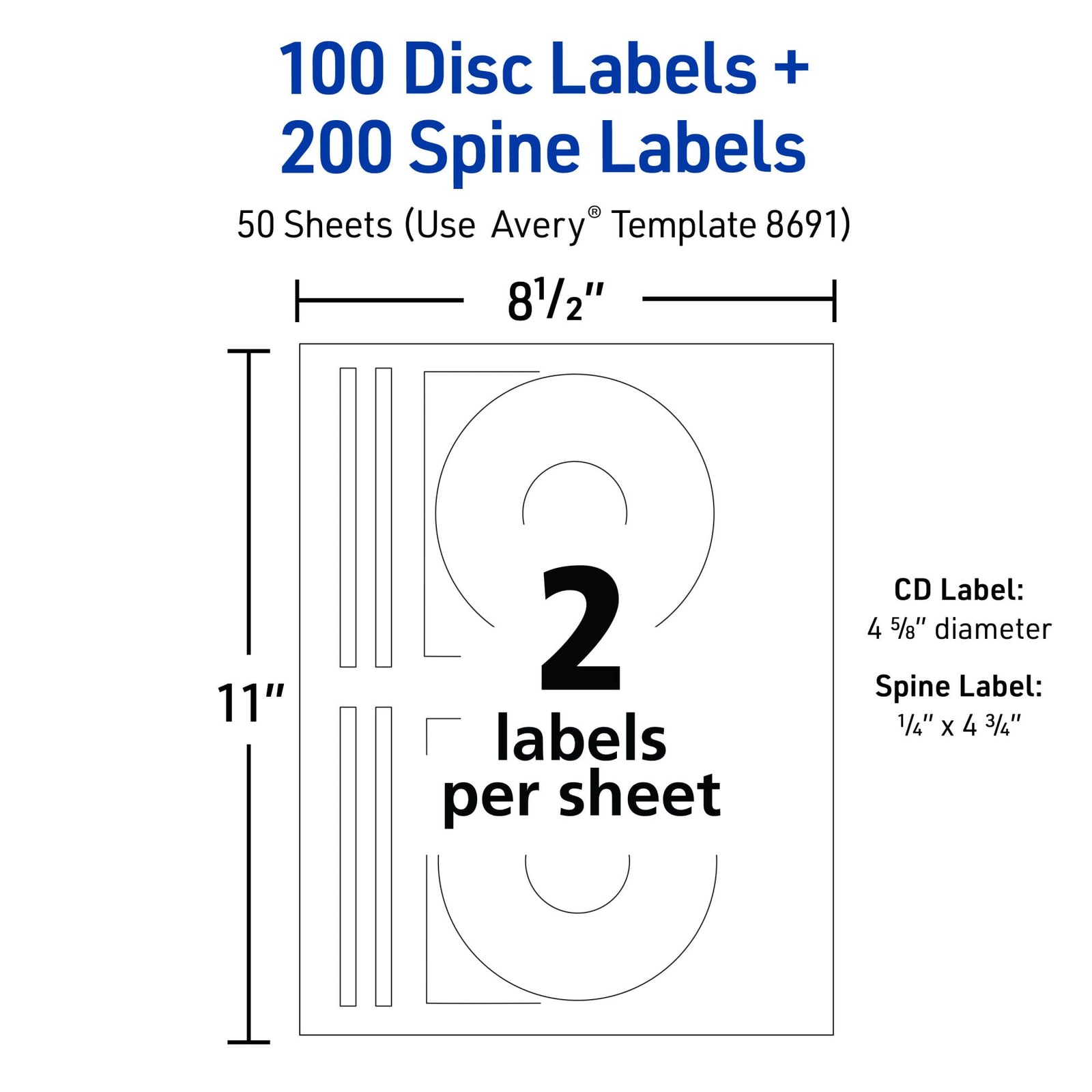 Avery Printable CD Labels, Matte White, Permanent Adhesive, Inkjet Printer Compatible, 100 Disc & 200 Spine Labels, Ideal for CDs, DVDs, PC Discs, Media Projects & More (8691)