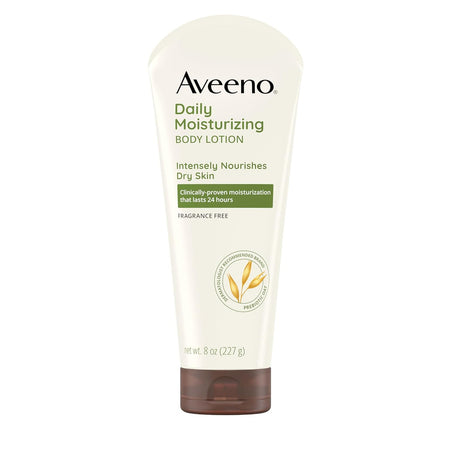 Aveeno Daily Moisturizing Body Lotion with Soothing Prebiotic Oat, Gentle Lotion Nourishes Dry Skin With Moisture, Paraben-, Dye- & Fragrance-Free, Non-Greasy & Non-Comedogenic, 12 fl. Oz