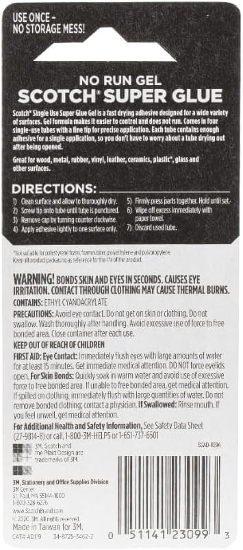 Scotch Super Glue Gel, 4-Pack of Single-Use Tubes, .017 oz Each, Fast Drying, No Run Gel Formula (AD119)