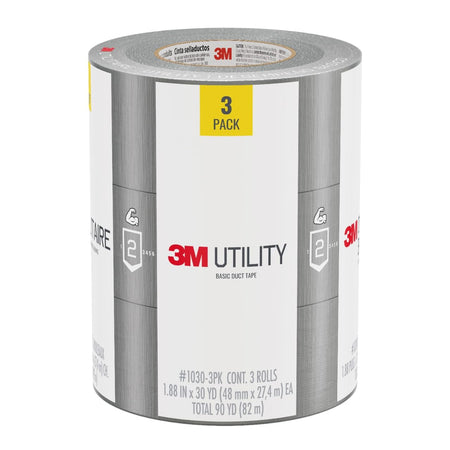 3M Utility Basic Duct Tape, 1.88 in x 30 yd, 3 Rolls, Moisture Resistant, Great for Light Duty Temporary Indoor Repairs for Tile, Laminate, Plastic, Wood, and Glass, Tear by Hand (1030-3PK)